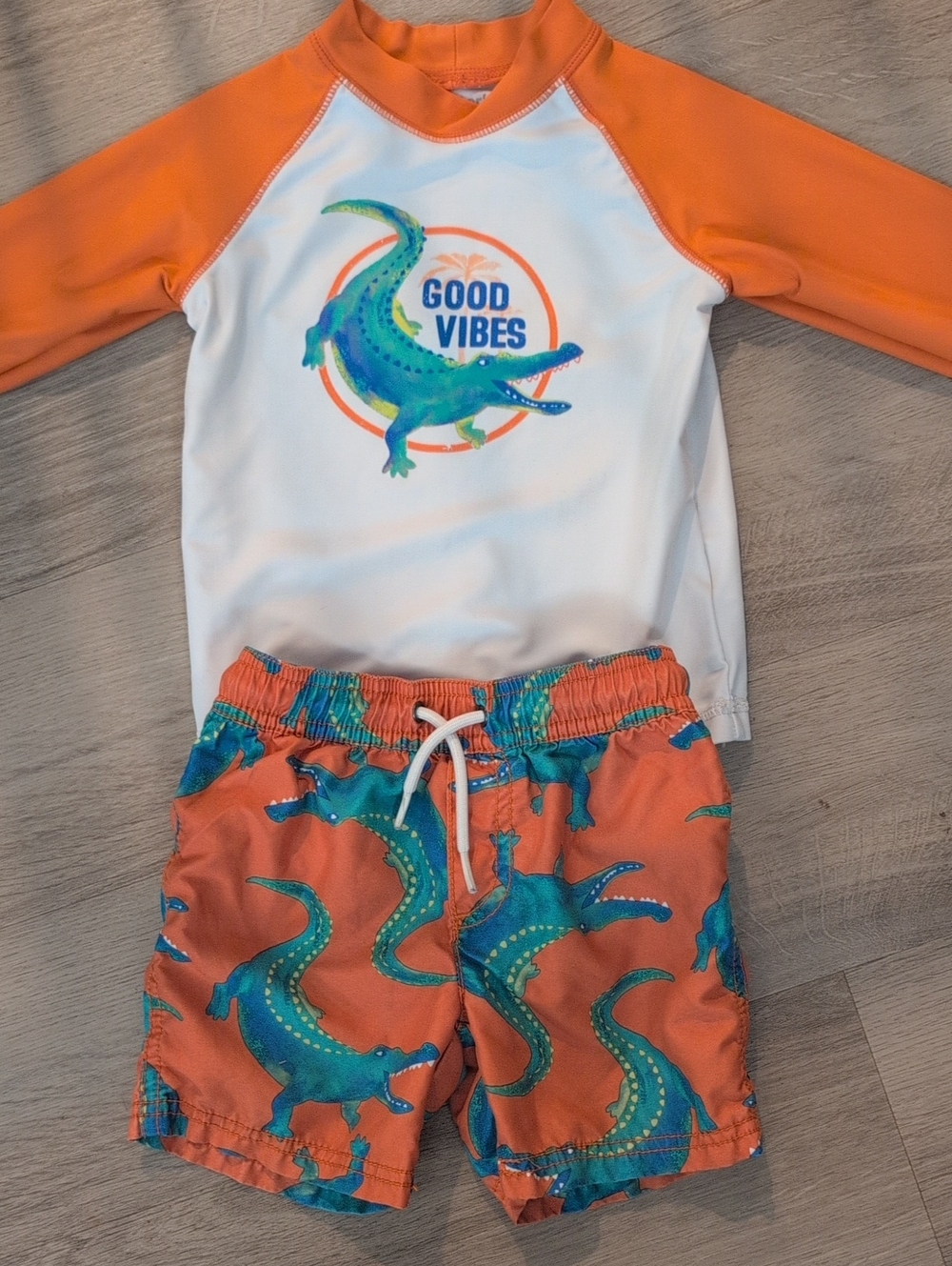 Carter's Orange & White 'Good Vibes' Alligator Rash Guard Set 2T Boys